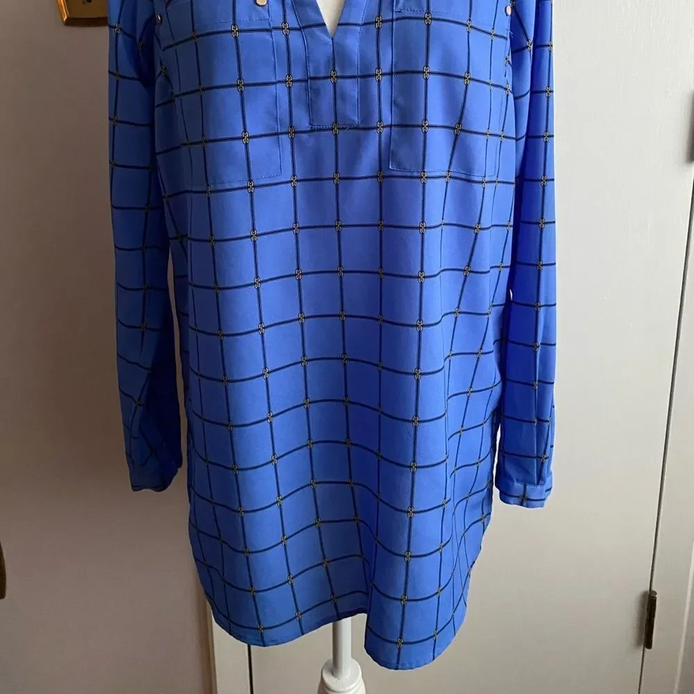 Michael Michael Kors Blue Black Gold Print V-Neck Long Sleeve Tunic Top Size S
